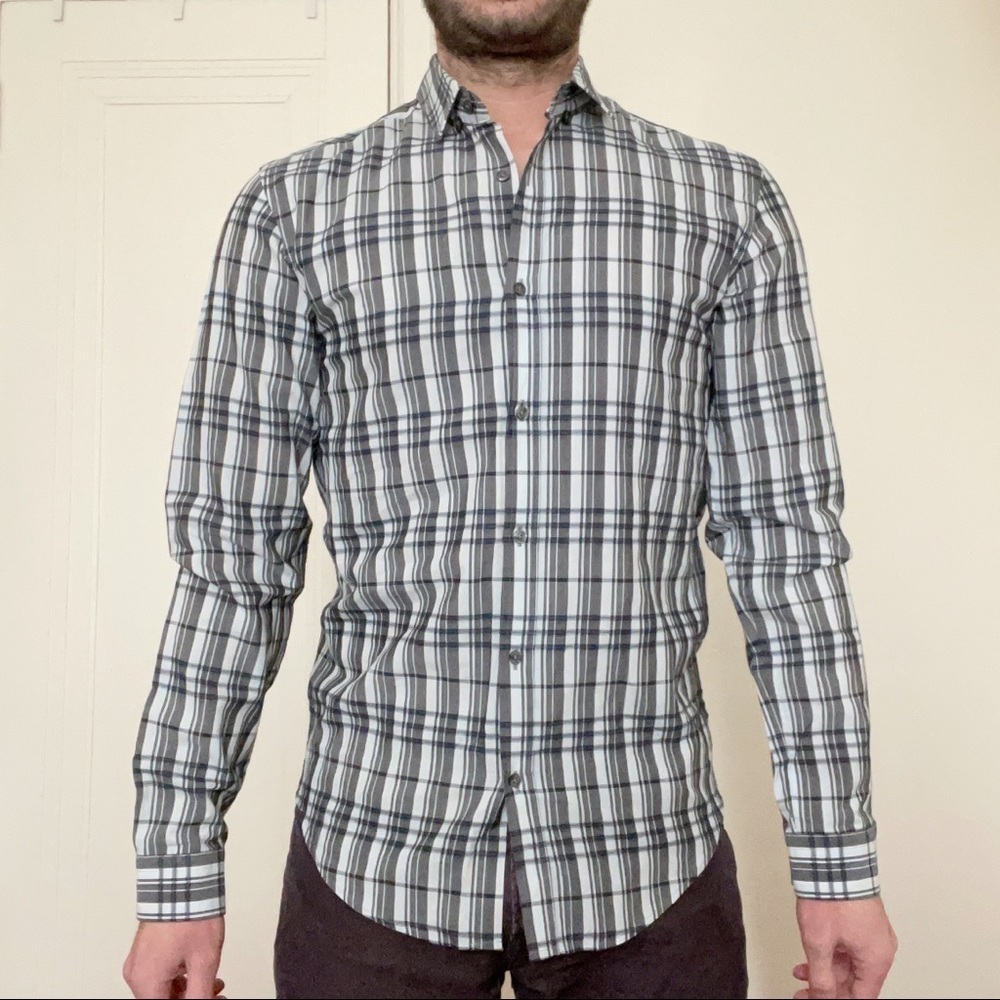 Hugo Boss Slim Fit Plaid Print Button Shirt Blue Gray Men’s Small